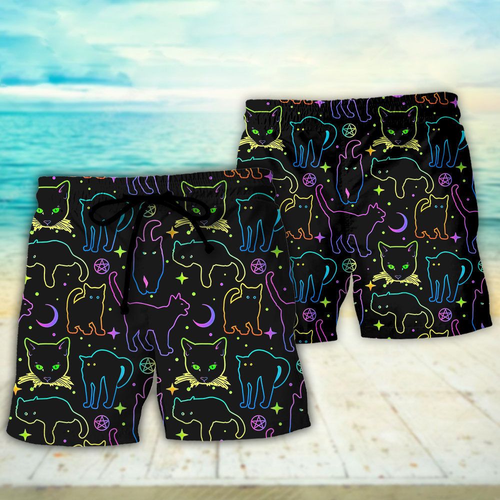 Cat Neon Colorful Playing With Kitten Magical Trendy Aloha Hawaiian Beach Shorts