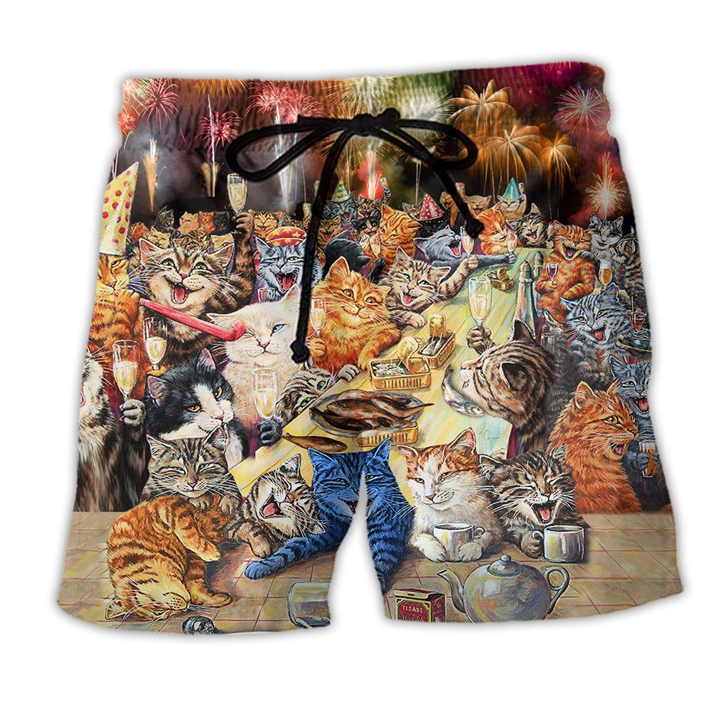 Cat New Years Party Of The Cats Firework Trendy Aloha Hawaiian Beach Shorts