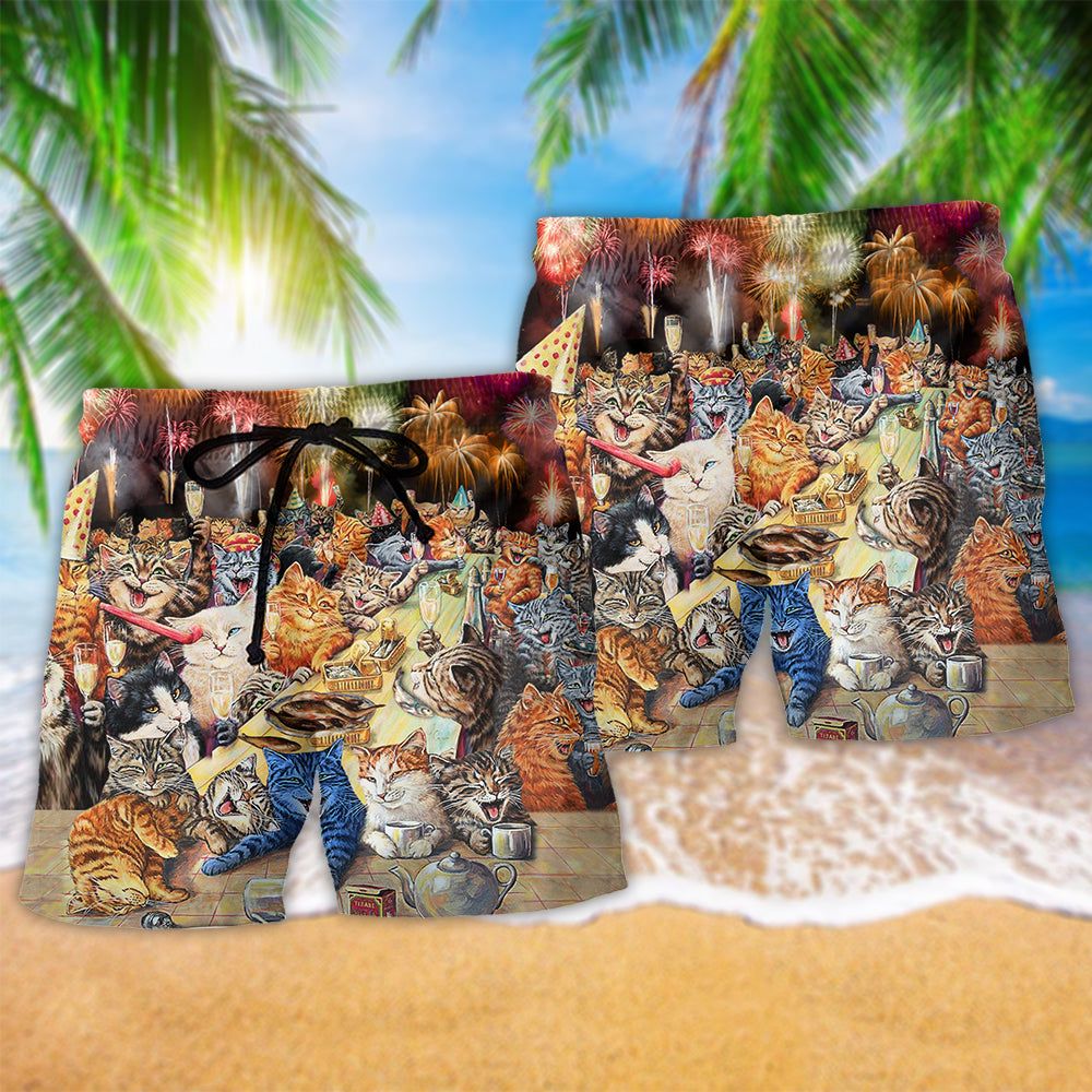 Cat New Years Party Of The Cats Firework Trendy Aloha Hawaiian Beach Shorts