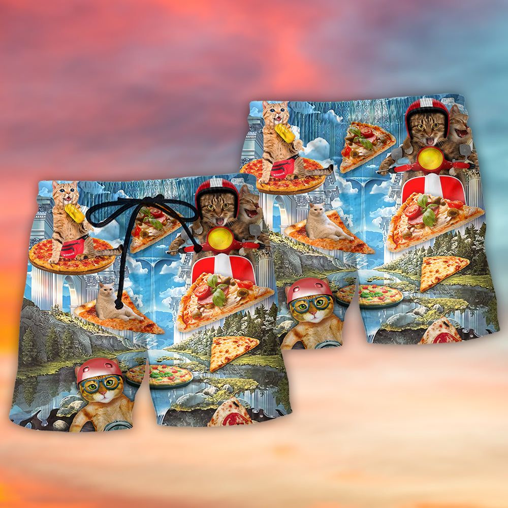 Cat Pizza Cat Style Trendy Aloha Hawaiian Beach Shorts