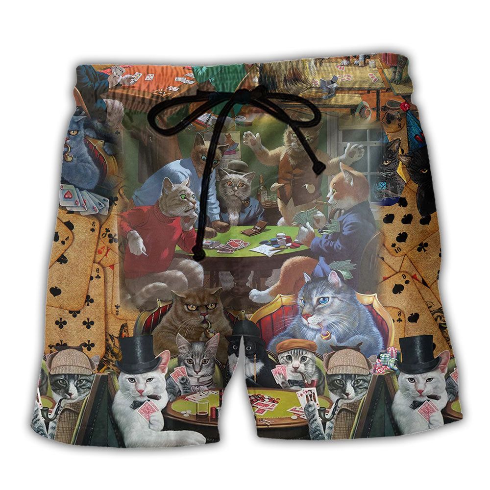 Cat Play Card Games Cool Style Trendy Aloha Hawaiian Beach Shorts