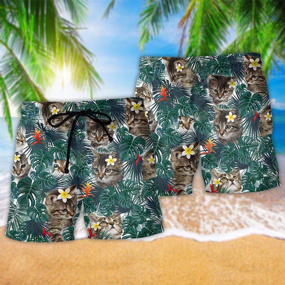Cat Powered By Cat Sand Hawaii Tropical Trendy Aloha Hawaiian Beach Shorts