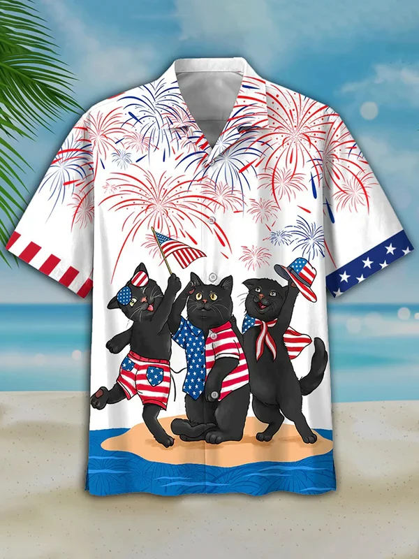 Cat Print Celebrating Independence Patriotic Hawaiian Shirt