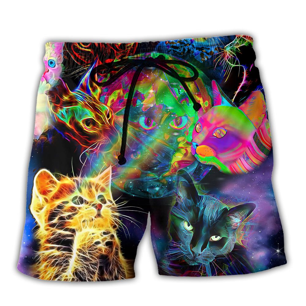 Cat Psychedelic Glowing Galaxy Neon Trendy Aloha Hawaiian Beach Shorts