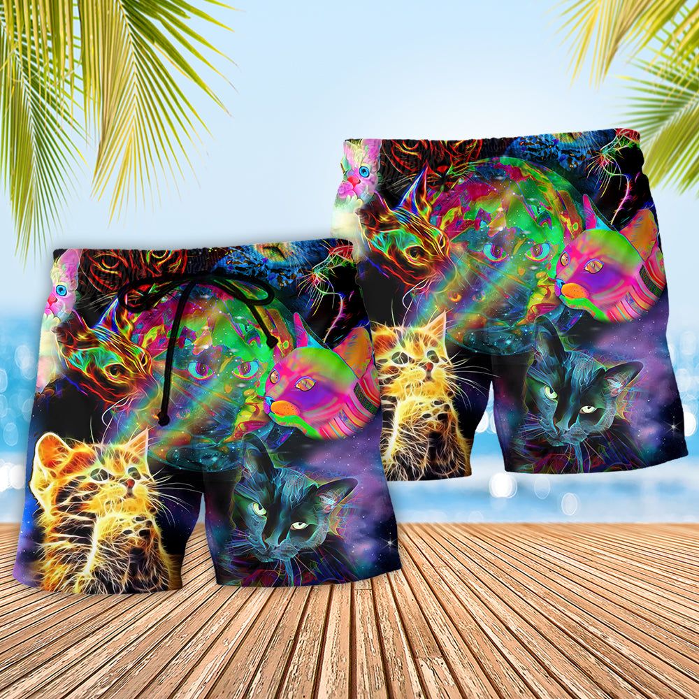 Cat Psychedelic Glowing Galaxy Neon Trendy Aloha Hawaiian Beach Shorts