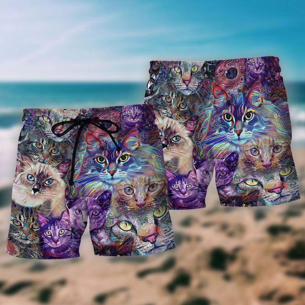 Cat Psychedelic Purple Style Trendy Aloha Hawaiian Beach Shorts