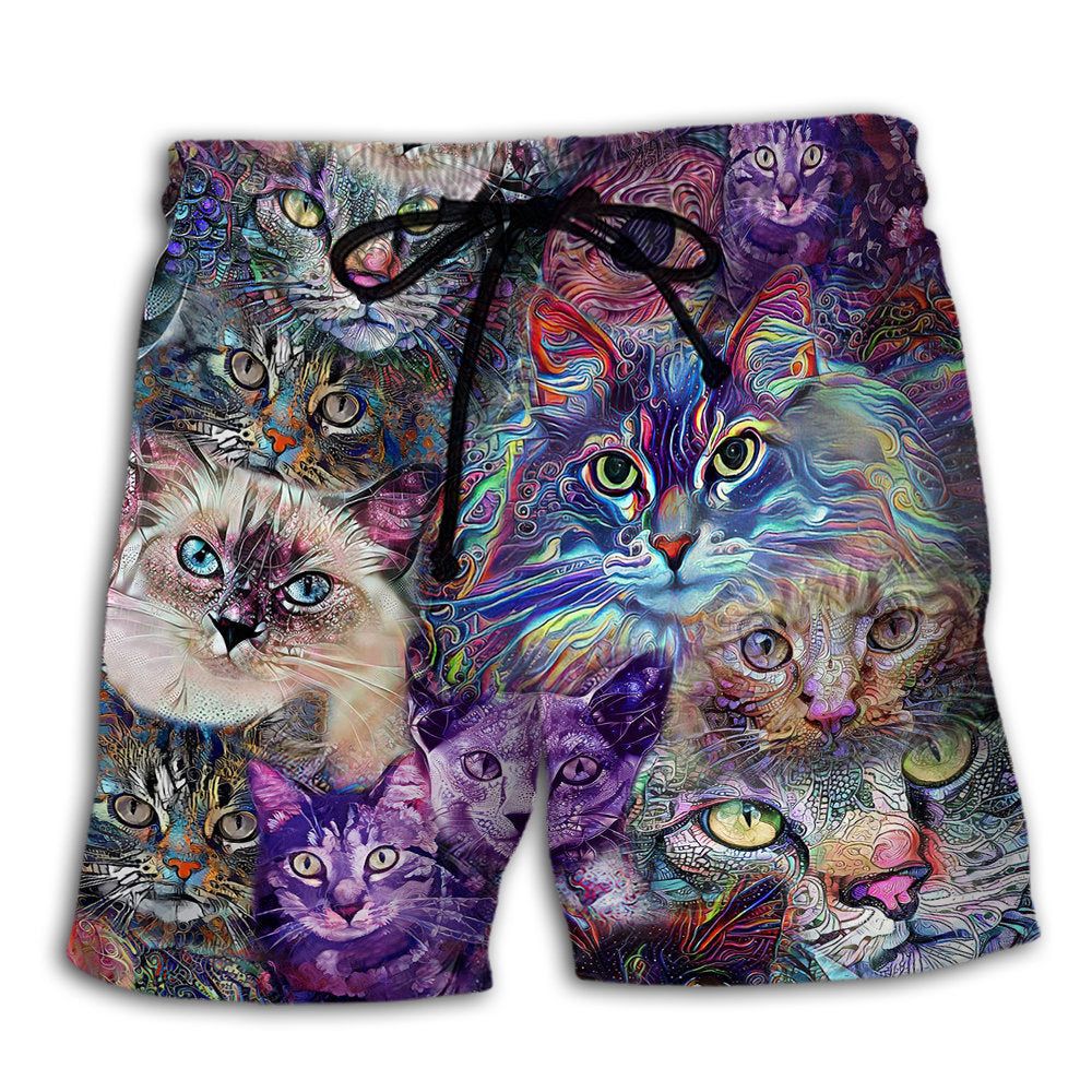 Cat Psychedelic Purple Style Trendy Aloha Hawaiian Beach Shorts