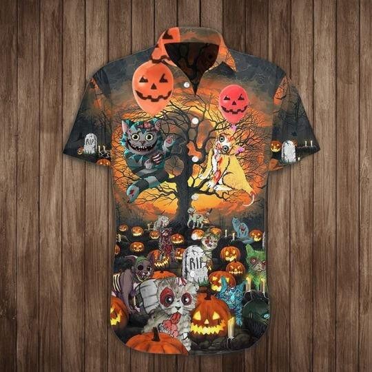 Cat Pumpkin Halloween Trendy Hawaiian Shirt, Unisex Print Aloha Short Sleeve Casual Shirt