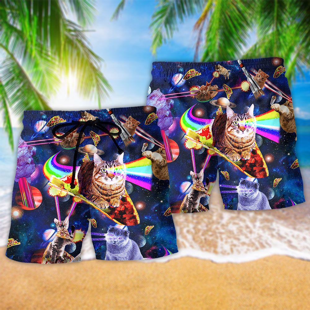 Cat Ride Food In Space Funny Trendy Aloha Hawaiian Beach Shorts