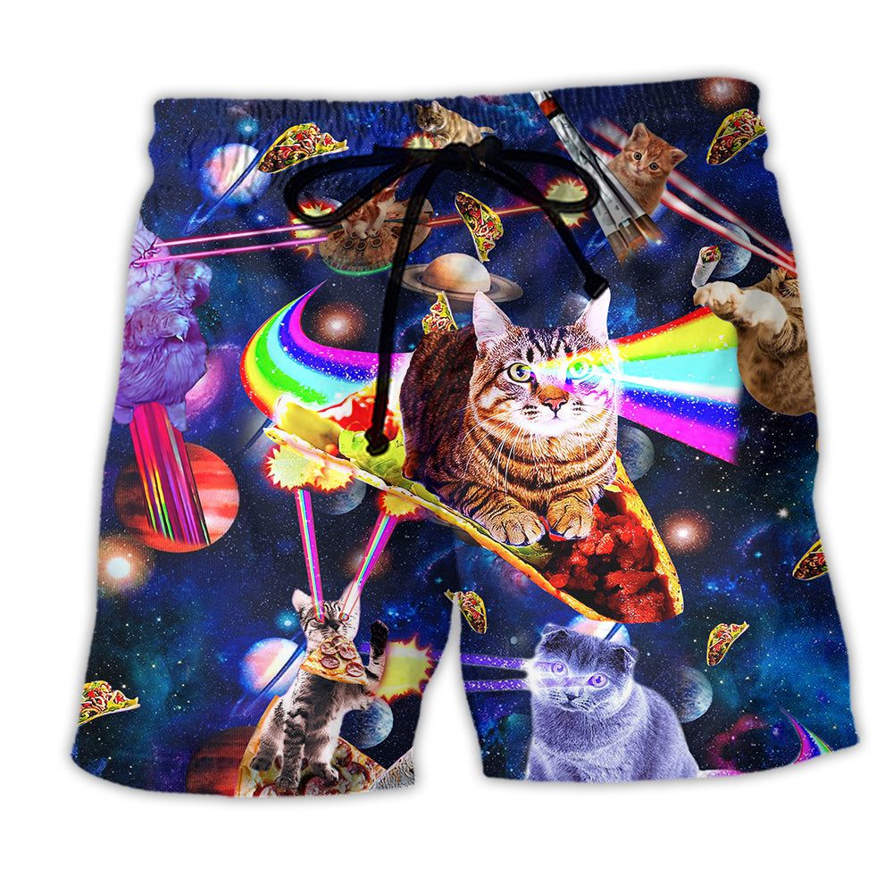 Cat Ride Food In Space Funny Trendy Aloha Hawaiian Beach Shorts