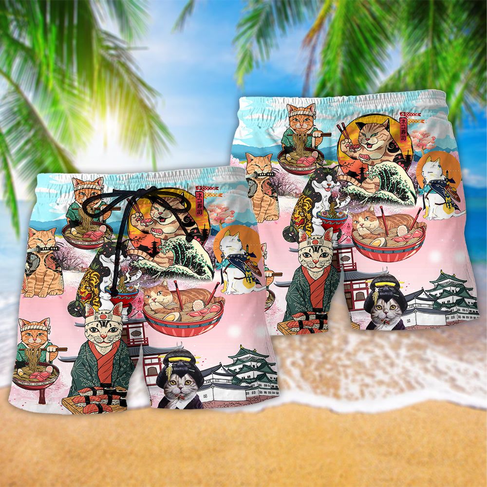 Cat Samurai With Ramen Trendy Aloha Hawaiian Beach Shorts