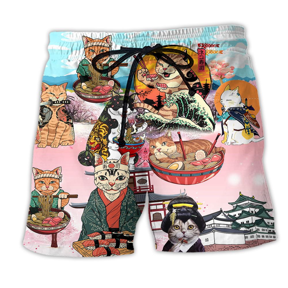 Cat Samurai With Ramen Trendy Aloha Hawaiian Beach Shorts Cat Samurai With Ramen Trendy Aloha Hawaiian Beach Shorts