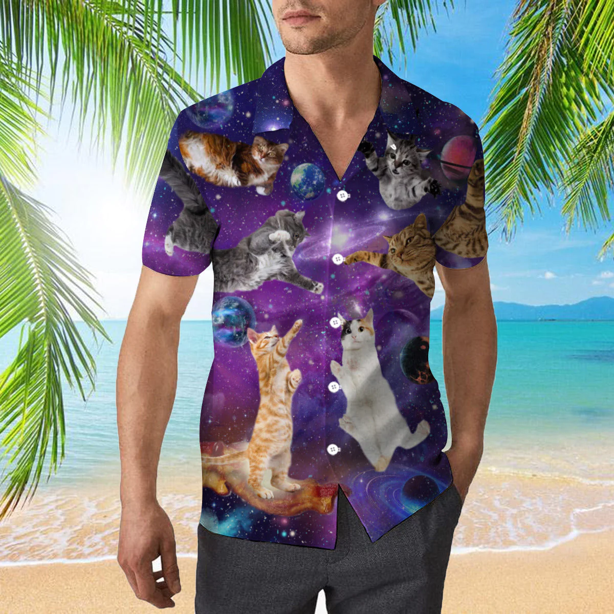 Cat Sits Silhouette Of A Bright Galaxy Trendy Hawaiian Shirt