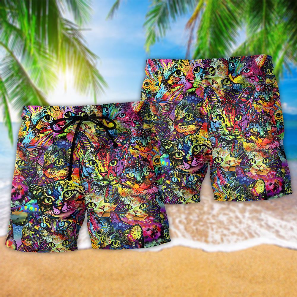Cat Smile Colorful Cats Trendy Aloha Hawaiian Beach Shorts