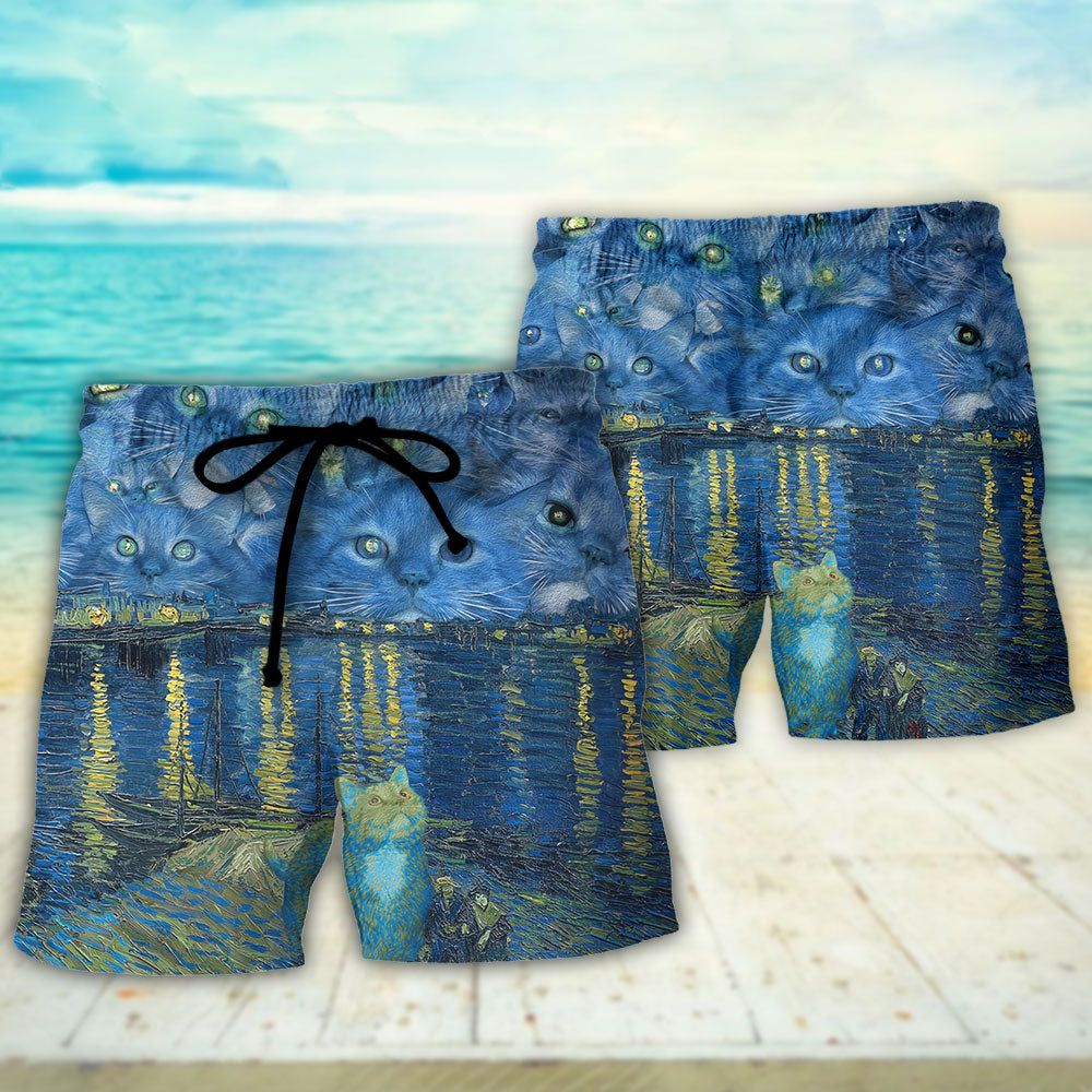 Cat Starry Night Art Trendy Aloha Hawaiian Beach Shorts