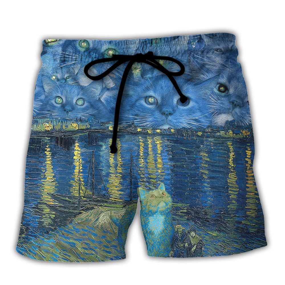 Cat Starry Night Art Trendy Aloha Hawaiian Beach Shorts