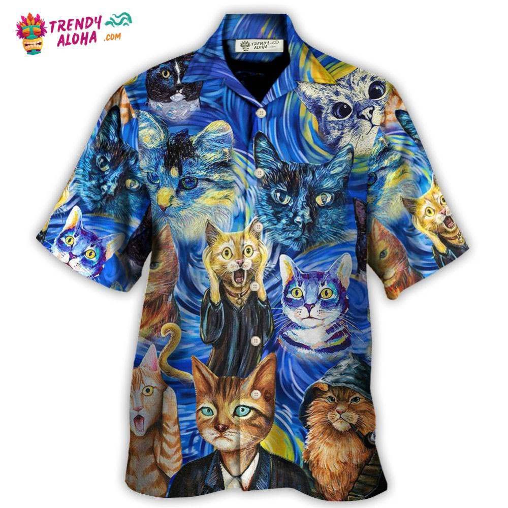 Cat Starry Night Funny Cat Painting Art Style Hawaiian Shirt – Trendy Aloha