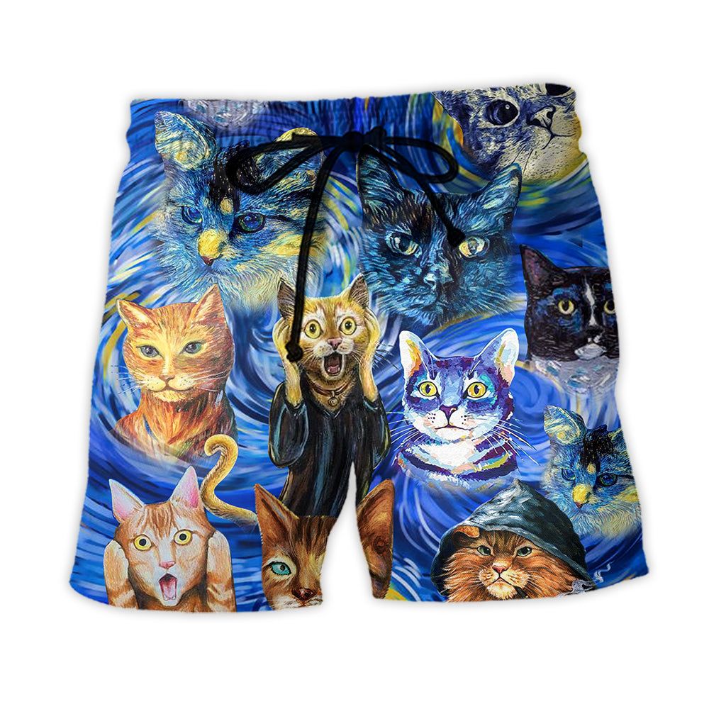 Cat Starry Night Funny Cat Painting Art Style Trendy Aloha Hawaiian Beach Shorts