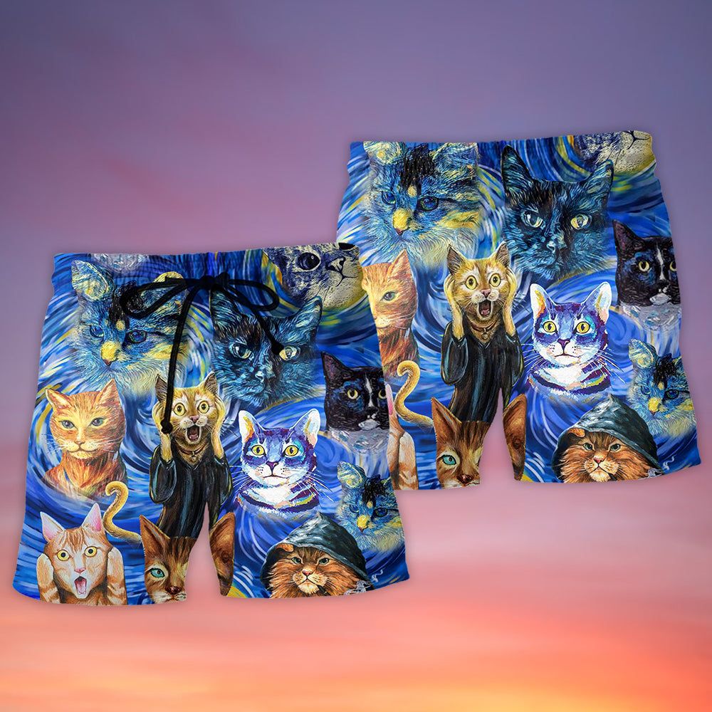 Cat Starry Night Funny Cat Painting Art Style Trendy Aloha Hawaiian Beach Shorts