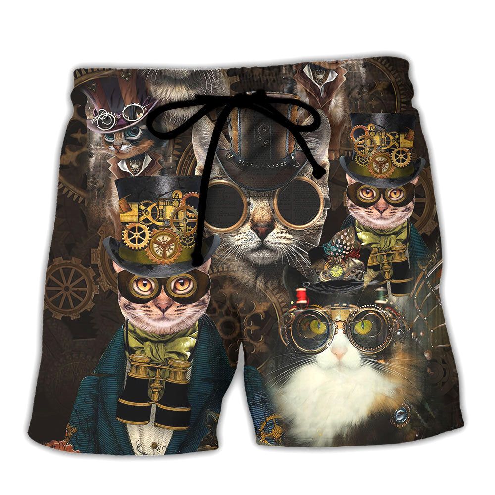 Cat Steampunk Art Machines Lover Trendy Aloha Hawaiian Beach Shorts