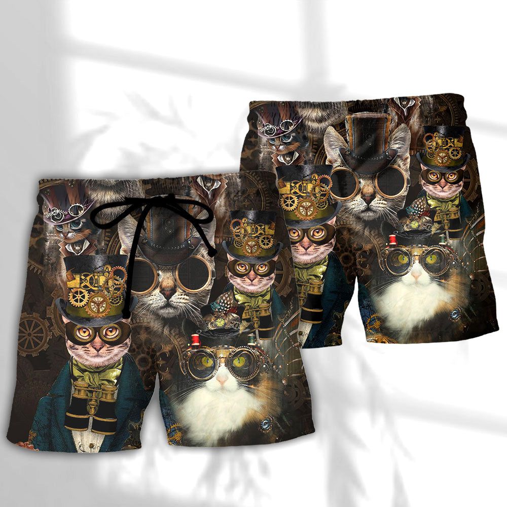 Cat Steampunk Art Machines Lover Trendy Aloha Hawaiian Beach Shorts