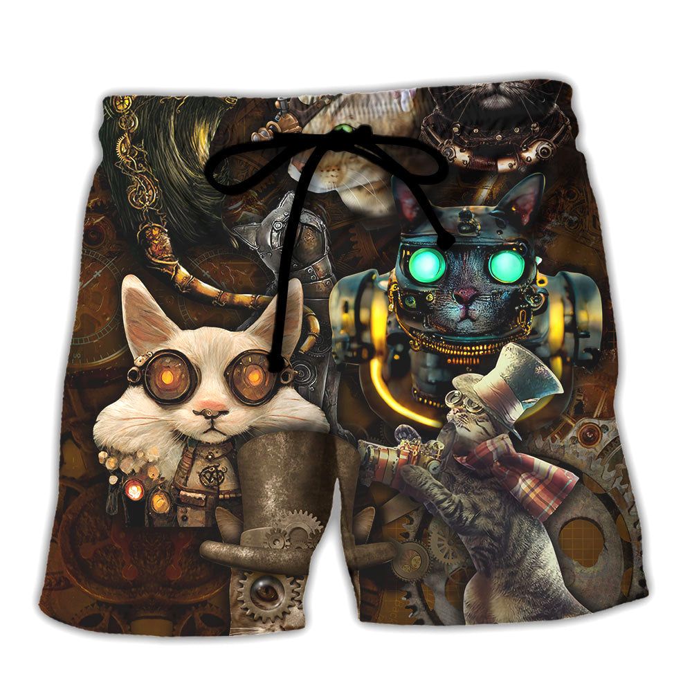 Cat Steampunk Art Steal Heart Trendy Aloha Hawaiian Beach Shorts