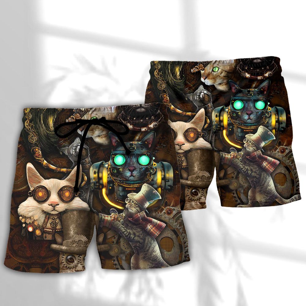 Cat Steampunk Art Steal Heart Trendy Aloha Hawaiian Beach Shorts