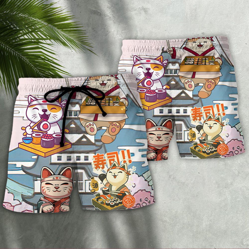 Cat Sushi Lovely Trendy Aloha Hawaiian Beach Shorts