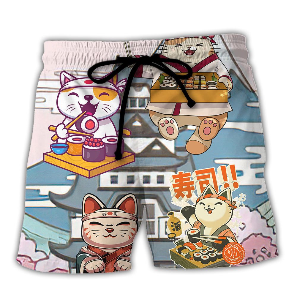 Cat Sushi Lovely Trendy Aloha Hawaiian Beach Shorts Cat Sushi Lovely Trendy Aloha Hawaiian Beach Shorts