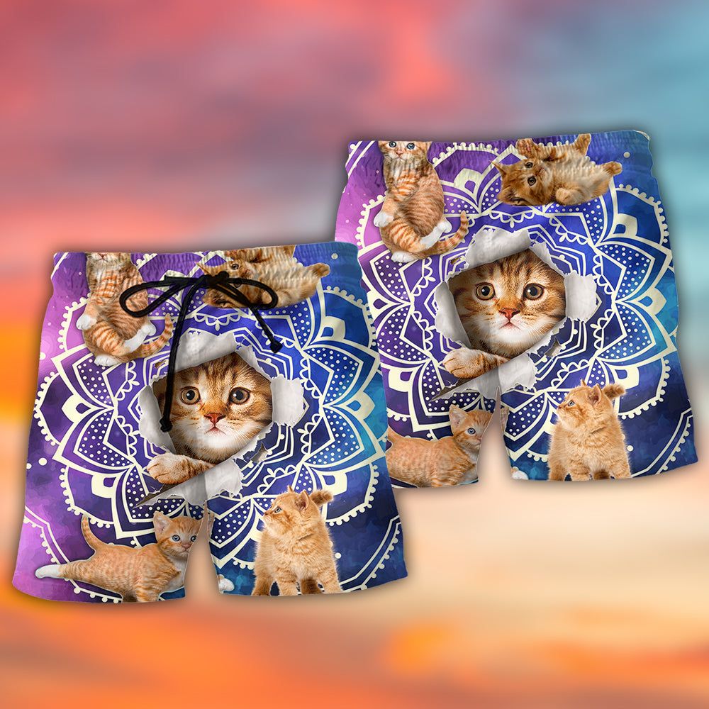Cat Tabby Cat Yoga Galaxy Yoga Pose Funny Trendy Aloha Hawaiian Beach Shorts