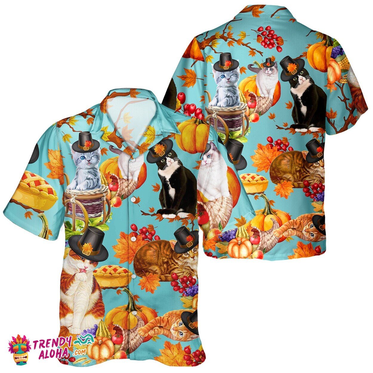 Cat Thanksgiving Day Fall Season Aloha Hawaiian Pumpkin Tee