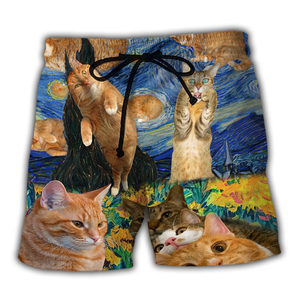 Cat The Sight Of Stars Makes Cats Dream Cool Trendy Aloha Hawaiian Beach Shorts