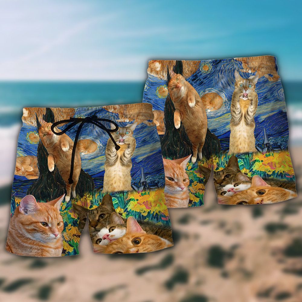 Cat The Sight Of Stars Makes Cats Dream Cool Trendy Aloha Hawaiian Beach Shorts