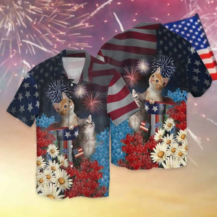 Cat Trendy Hawaiian Shirt, 4Th Of July Cat Aloha Beach Shirts, Cat Independence Day Trendy Hawaiian Shirts