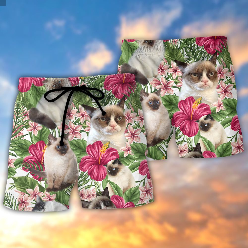 Cat Tropical Floral Lovely Siamese Cat Trendy Aloha Hawaiian Beach Shorts