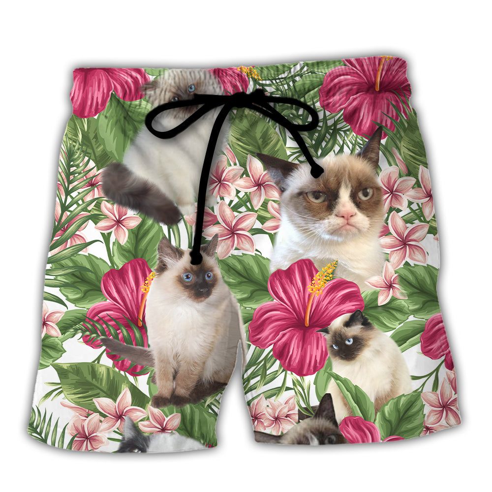 Cat Tropical Floral Lovely Siamese Cat Trendy Aloha Hawaiian Beach Shorts Cat Tropical Floral Lovely Siamese Cat Trendy Aloha Hawaiian Beach Shorts