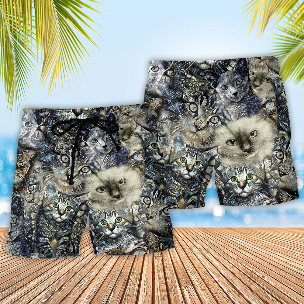 Cat Vintage Neutral Flower Cool Trendy Aloha Hawaiian Beach Shorts