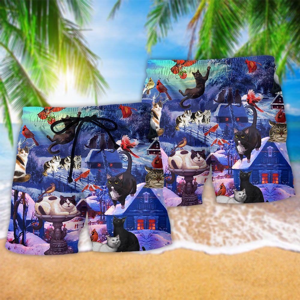 Cat Watching Cardinal Birds Snow Mountain Trendy Aloha Hawaiian Beach Shorts