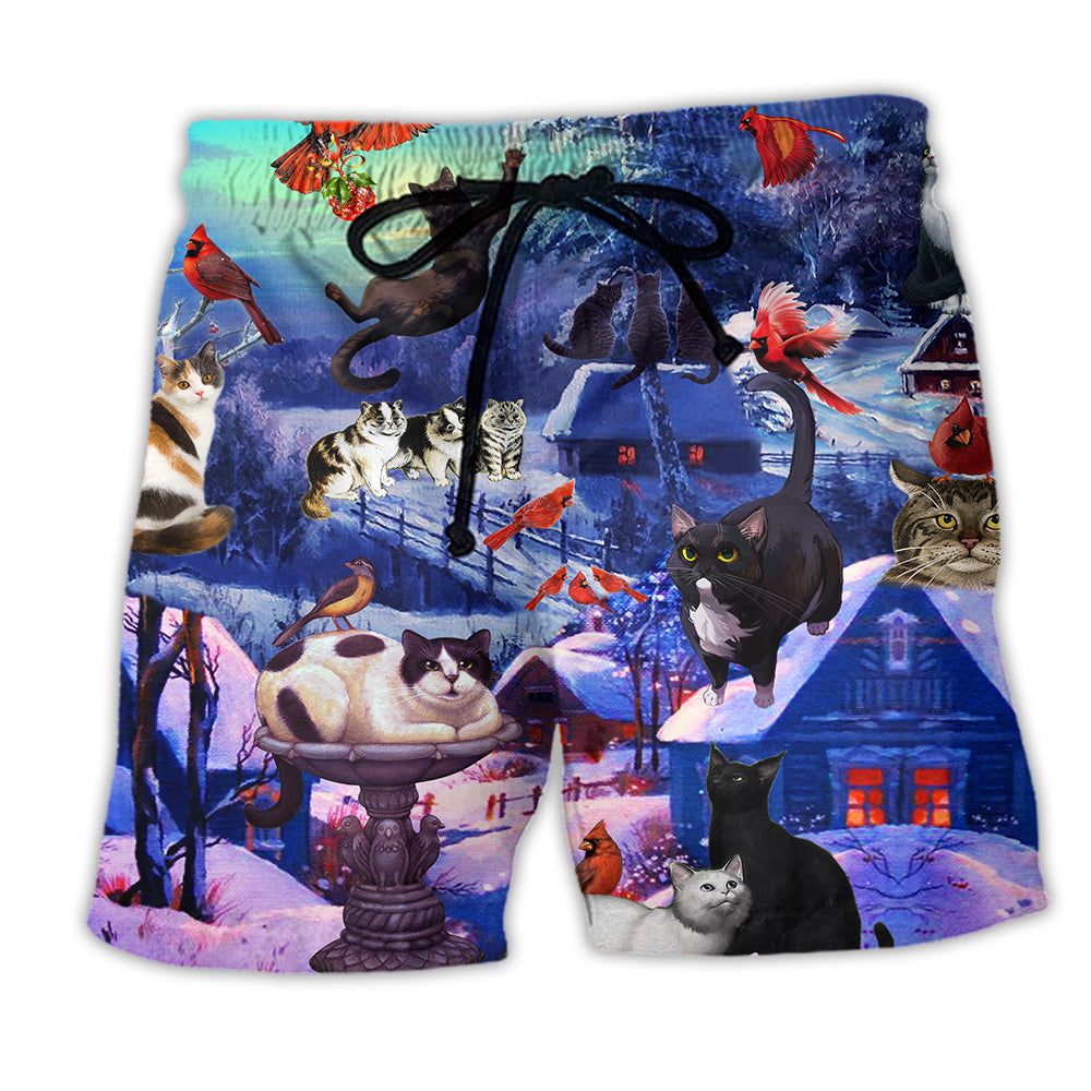 Cat Watching Cardinal Birds Snow Mountain Trendy Aloha Hawaiian Beach Shorts