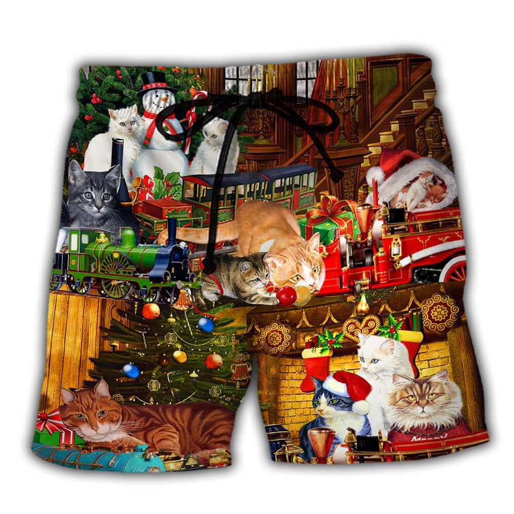 Cat With Toys Train Christmas Trendy Aloha Hawaiian Beach Shorts