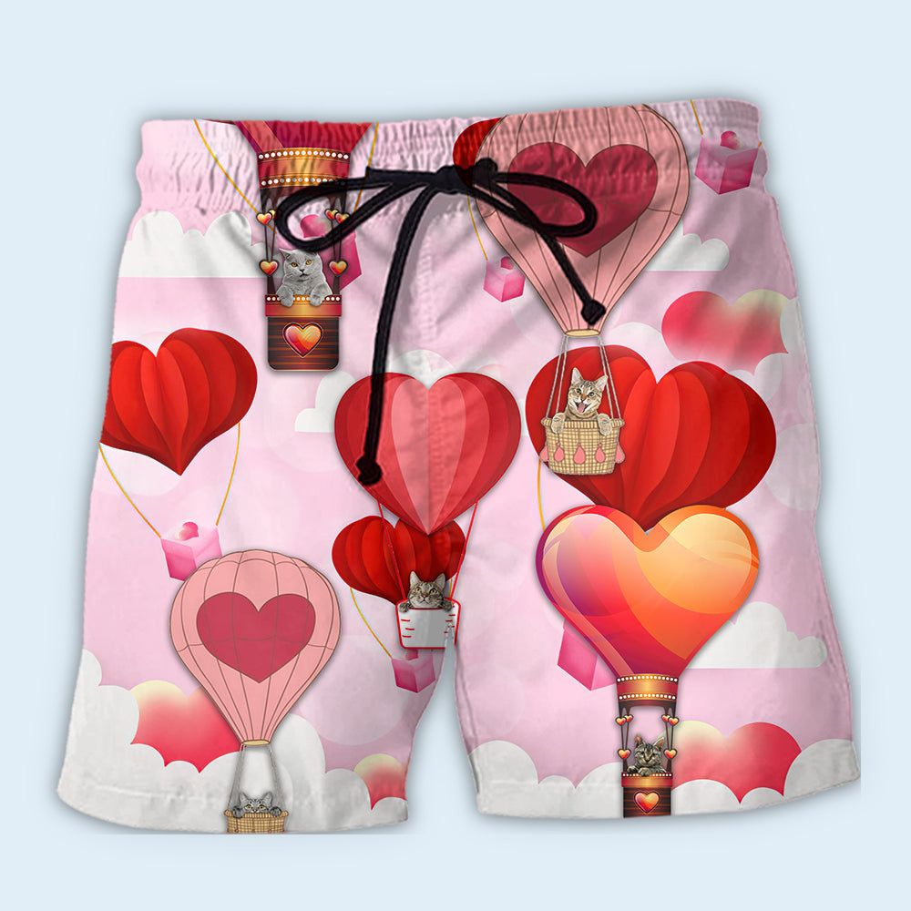 Cat Women’s Day, Valentine Gift Cat Play With Hot Air Balloon Trendy Aloha Hawaiian Beach Shorts