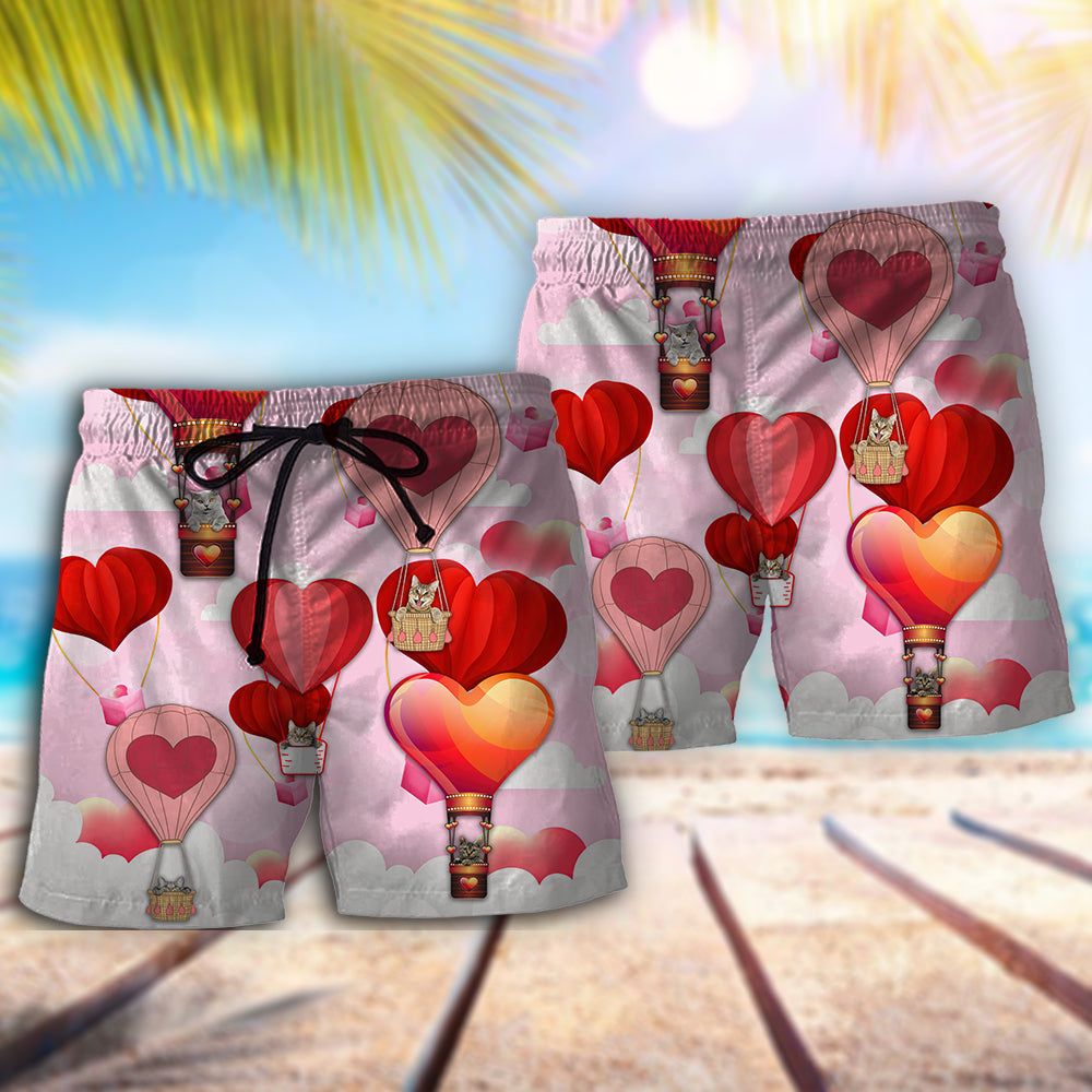 Cat Women’s Day, Valentine Gift Cat Play With Hot Air Balloon Trendy Aloha Hawaiian Beach Shorts