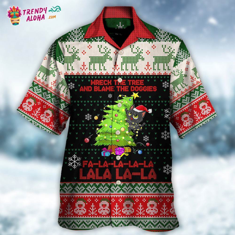 Cat Wreck The Tree Christmas Tree Light Funny Ugly Style Hawaiian Shirt – Trendy Aloha