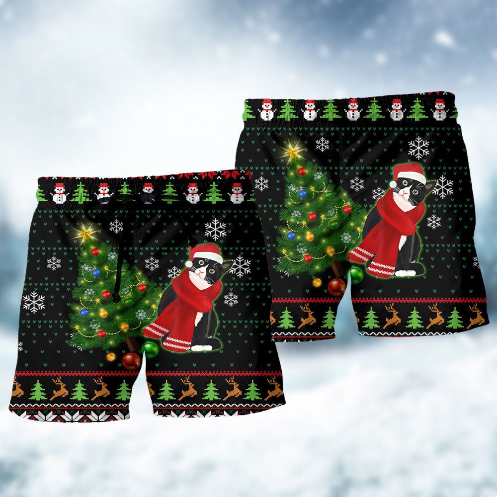 Cat Wreck The Tree Happy Ugly Style Christmas Trendy Aloha Hawaiian Beach Shorts