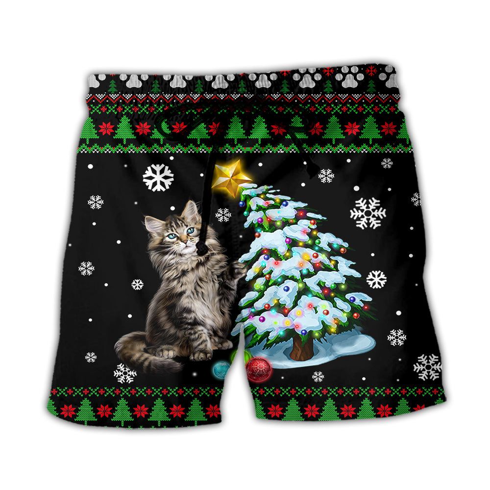Cat Wreck The Tree Light Funny Ugly Style Christmas Trendy Aloha Hawaiian Beach Shorts