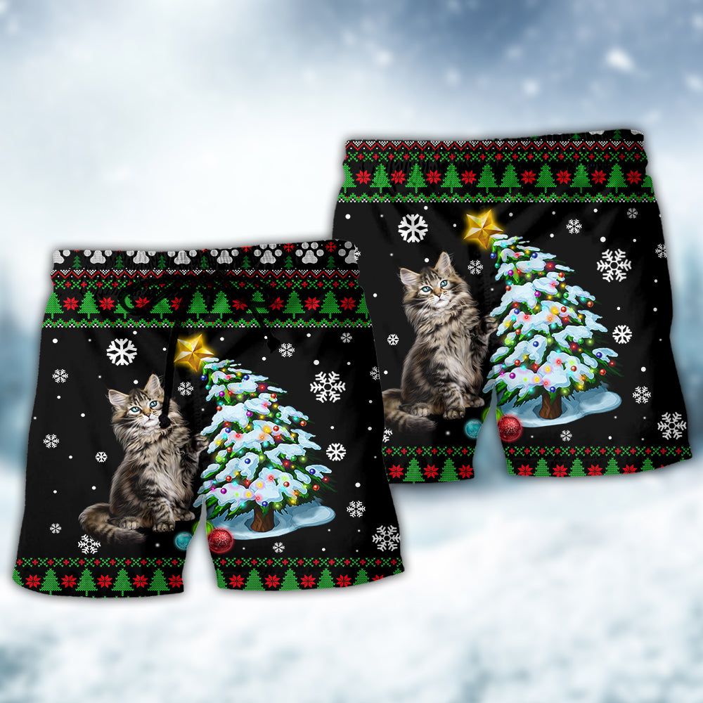 Cat Wreck The Tree Light Funny Ugly Style Christmas Trendy Aloha Hawaiian Beach Shorts
