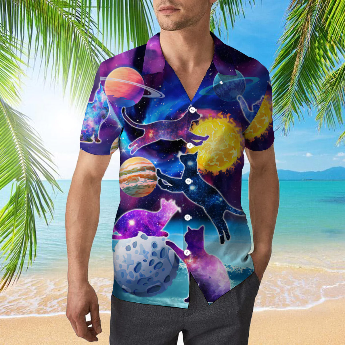 Cats Silhouette Sit Of A Bright Galaxy Trendy Hawaiian Shirt