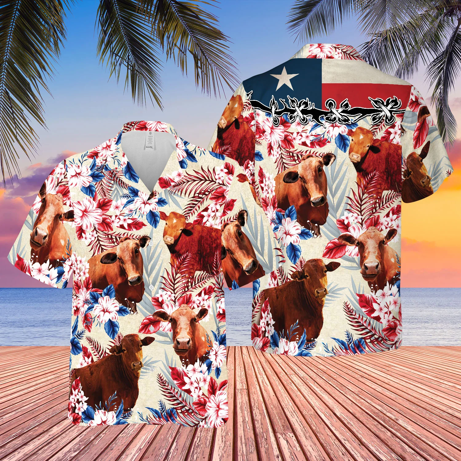 Cattle Texas Flag Hawaiian Flowers All Over Printed 3D Hawaiian Shirt