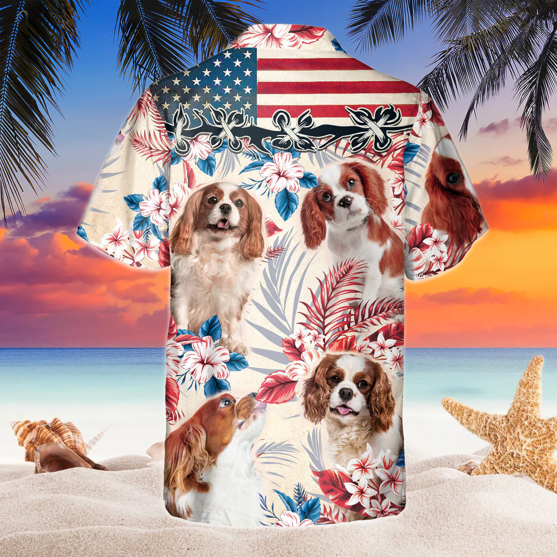 Cavalier King Charles Spaniel Dog United States Flag Hawaiian Flowers All Over Printed 3D Hawaiian Shirt