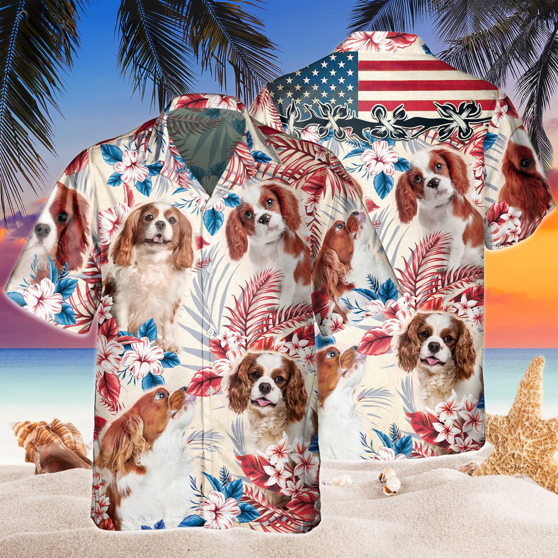 Cavalier King Charles Spaniel Dog United States Flag Hawaiian Flowers All Over Printed 3D Hawaiian Shirt